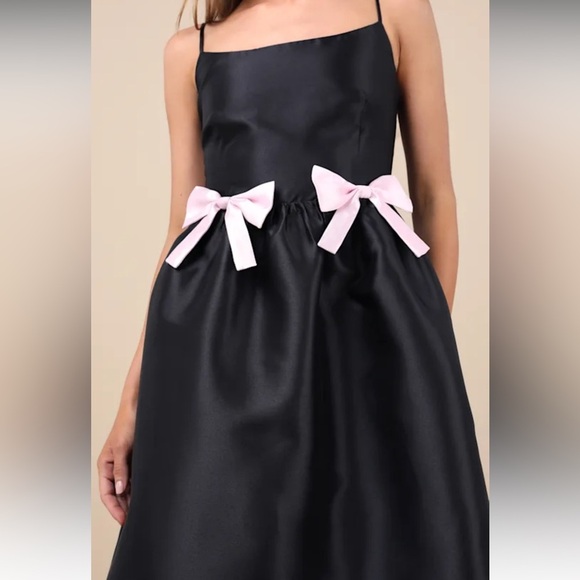Lulus Classy Aesthetic Taffeta Dress Size M Black Pink Bow Midi Dress Pockets - Picture 2 of 15